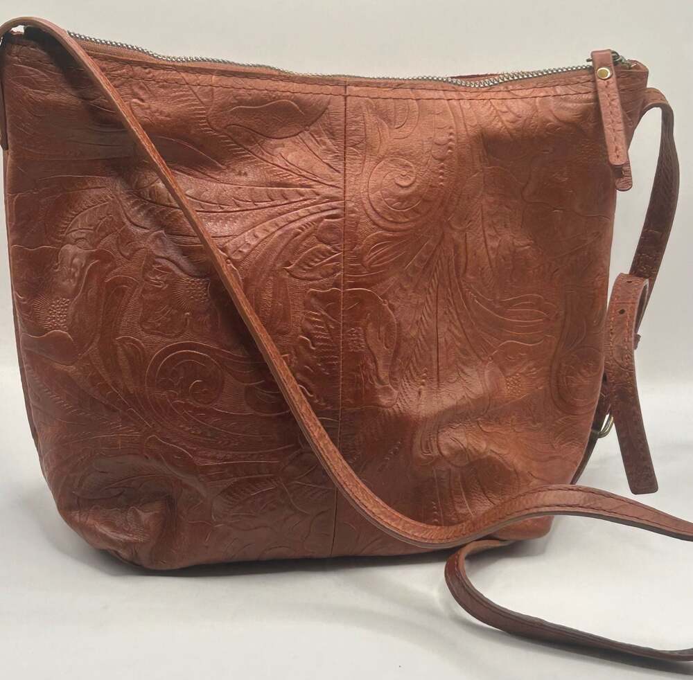 American Leather Co. Brown Tooled Floral Embossed Leather Crossbody Bag - Picture 4 of 9